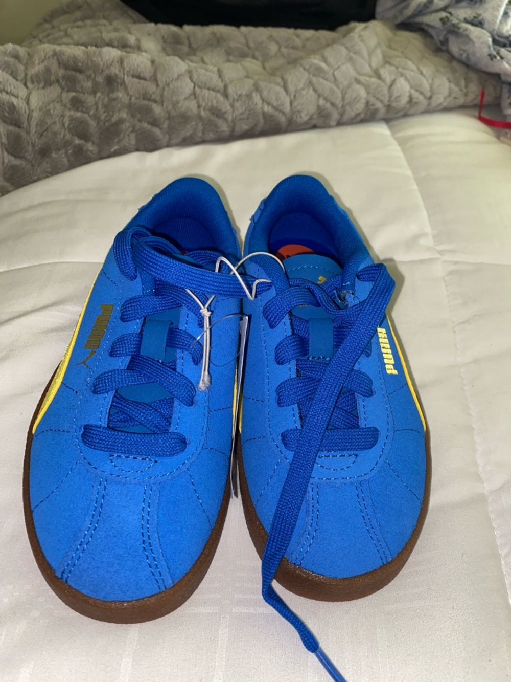 Puma Kids Blue Suede Sneakers with Yellow Accent